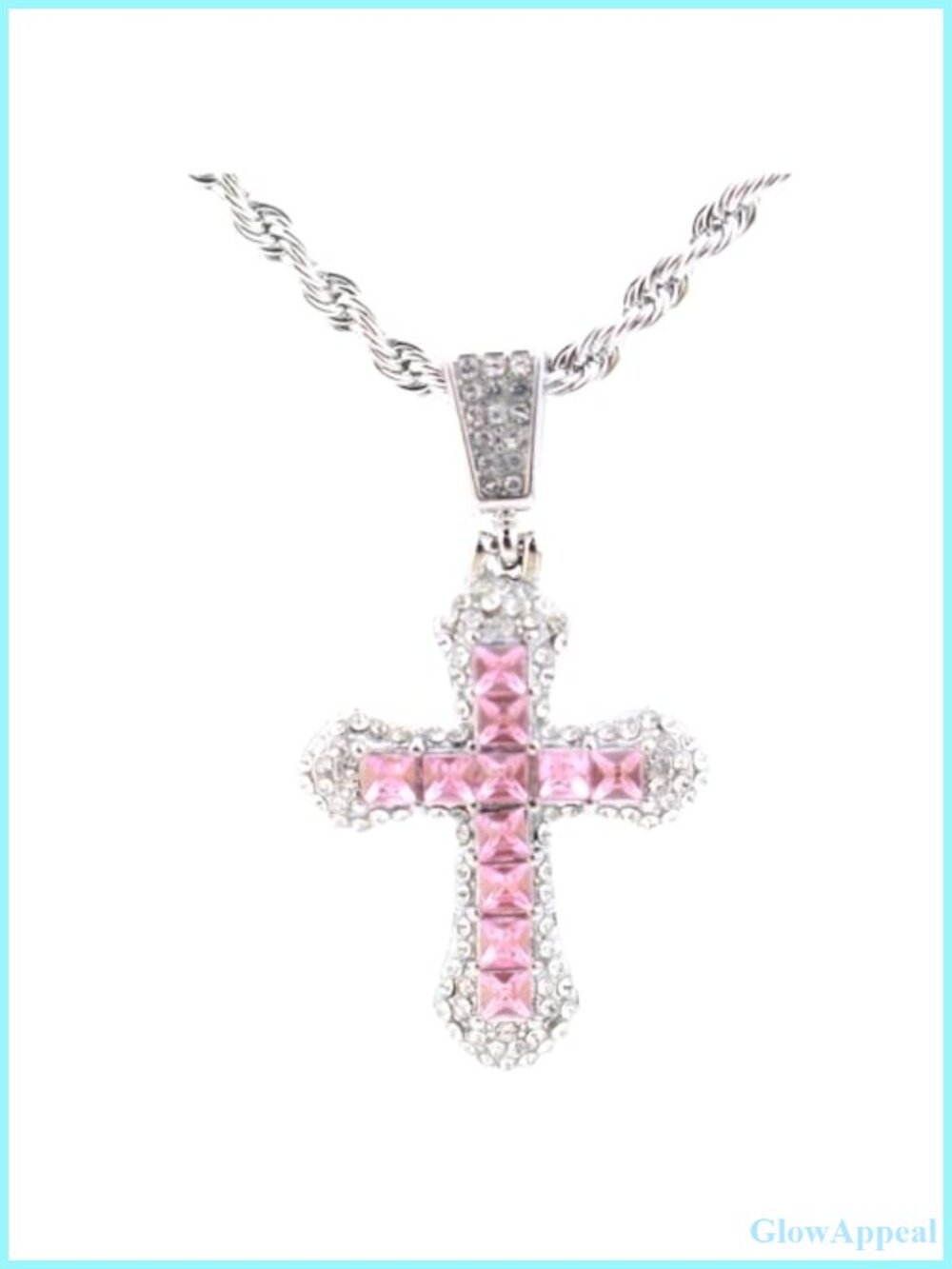 Cross Pendant Necklace Pink Zircon Silver Chain 24 Inch